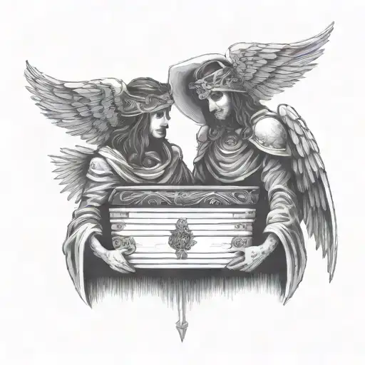 two dark angels made of robes with a halo and an occult vibe carrying a coffin tattoo design idea