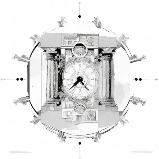 Greek columns in the middle standing on clouds and between the columns a mechanism, and above a shield showing the time, tattoo design idea