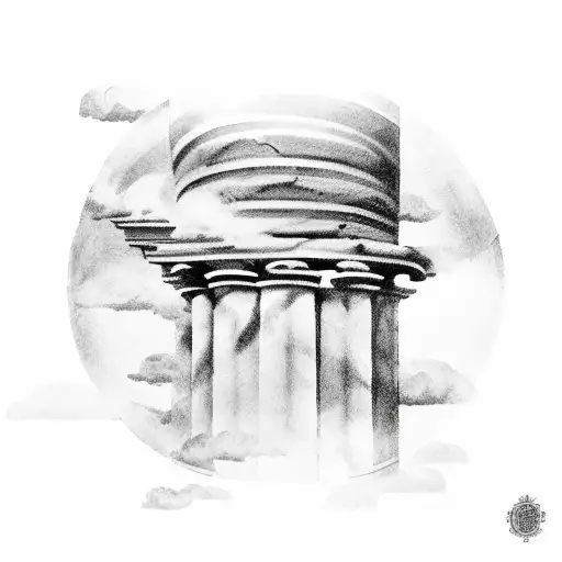 Greek columns in the middle standing on clouds and between the columns a mechanism, and above a shield showing the time, tattoo design idea