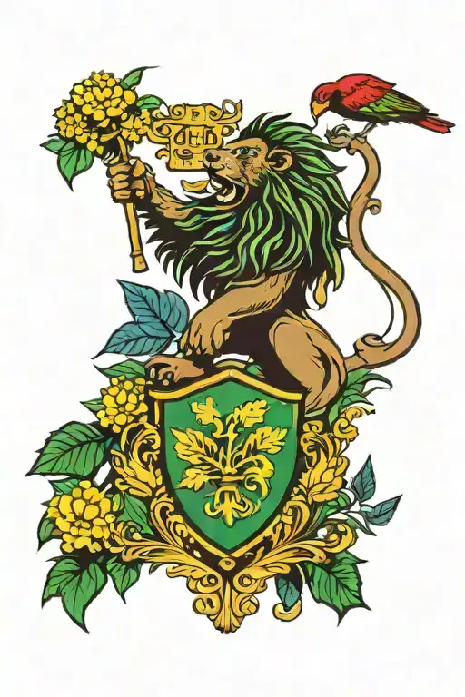 Lignum Vitae flower, blue mahoe tree,  Jamaica Coat of Arms, doctor bird, jamaican flag, RASTA LION tattoo design idea