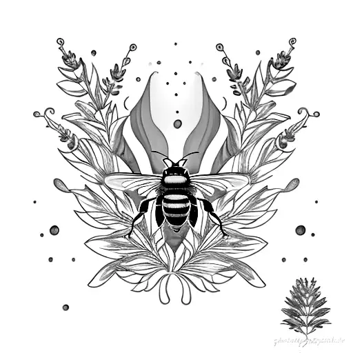 irredescent gold-colored honey in the background. small lavender sprigs in the background. three realistic bees in front tattoo design idea