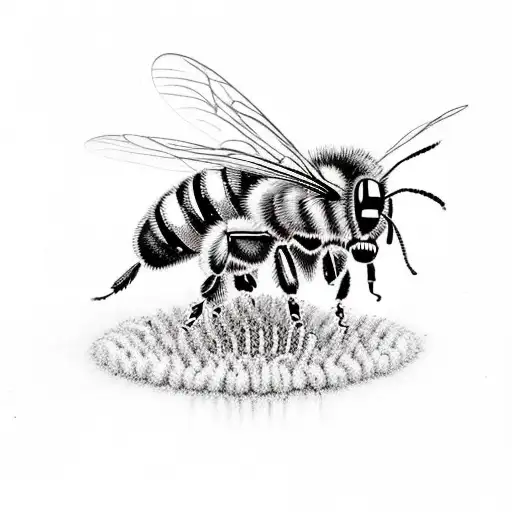 irredescent gold-colored honey in the background. small lavender sprigs in the background. three realistic bees in front tattoo design idea