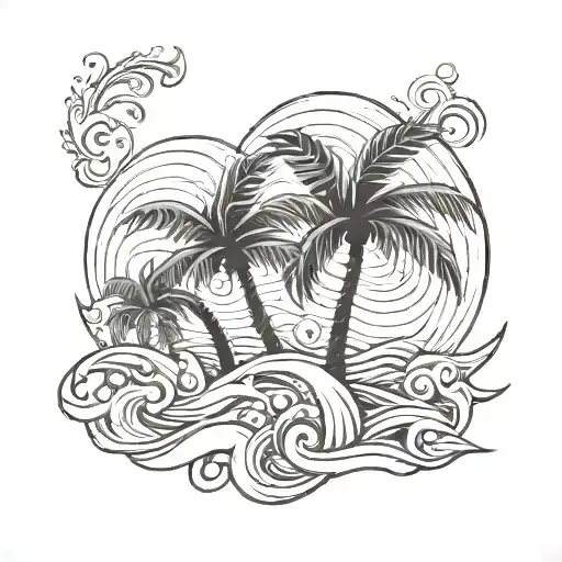 palm tree waves flowers tattoo design idea