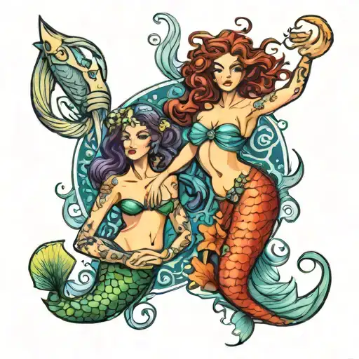 mermaid and Medusa protrayed as Pisces sign intertwined tattoo design idea