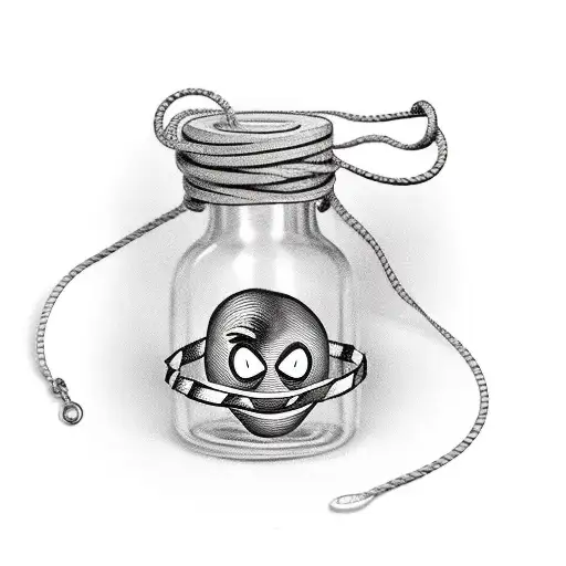 message in a bottle with twine tied at the top and a smiley face charm hanging from the twine tattoo design idea