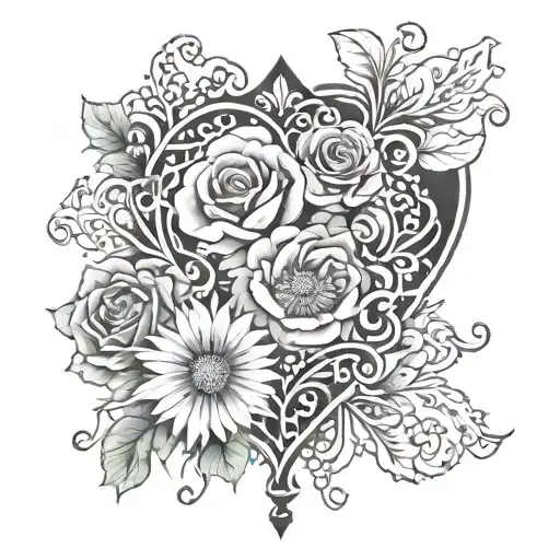 arabesque, rose, daisy, heart tattoo design idea
