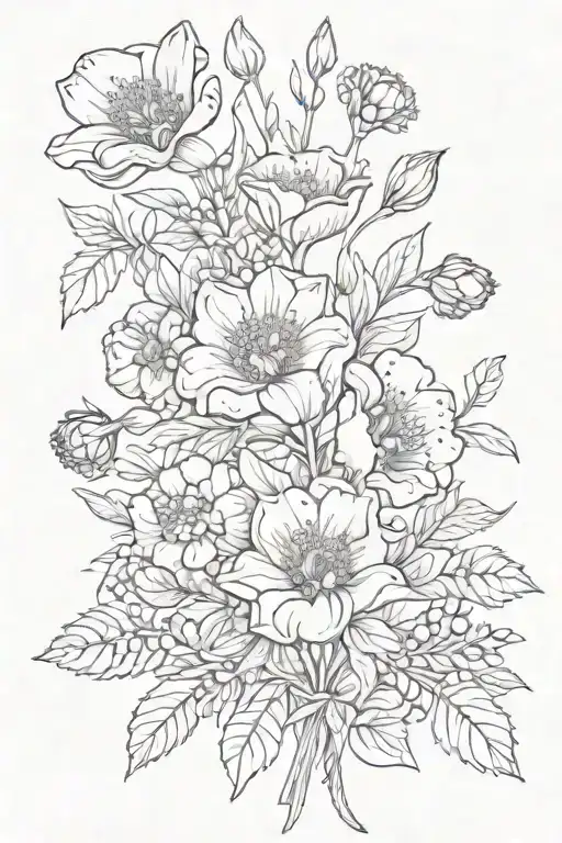 flower bouquet April September October November birth flowers with stem tattoo design idea