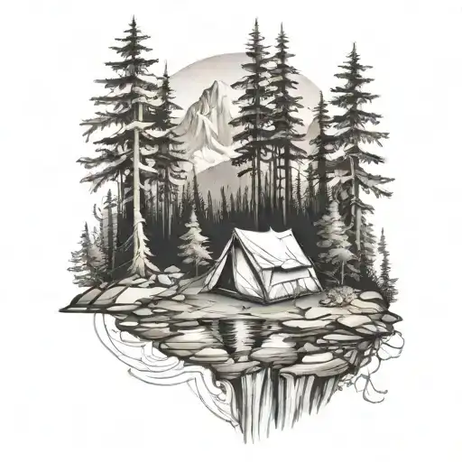 mountains tent river and forest tattoo design idea