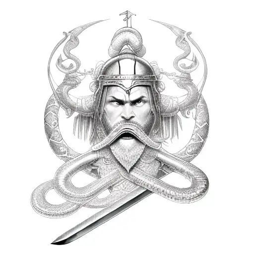 sword and snake and spartan warrior tattoo design idea