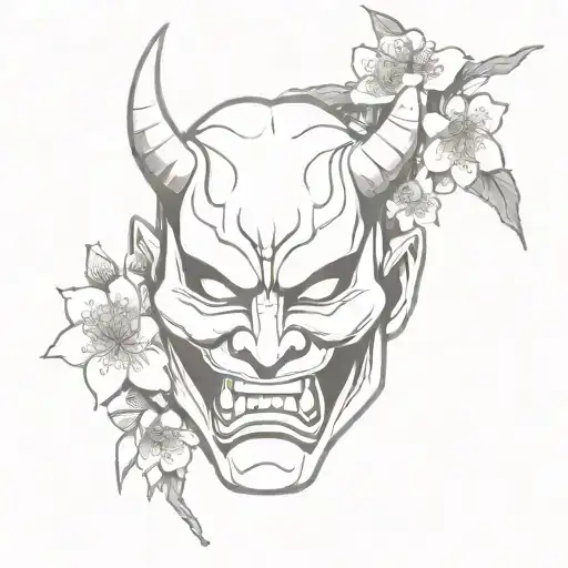 oni mask looking not to violent cracked on the forehead with 2 cherry blossom flowers rising up from the crack tattoo design idea