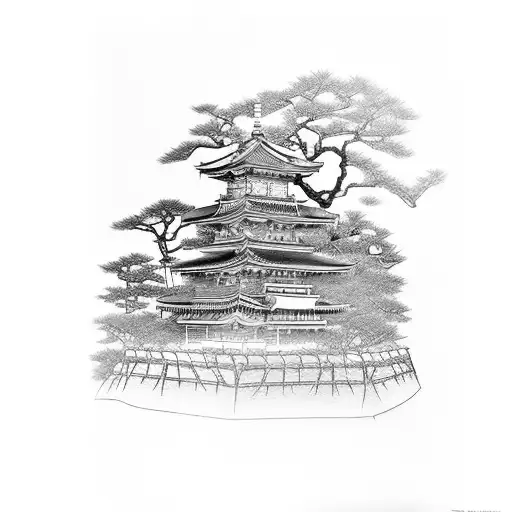 A samurai warrior lifting weights in a traditional Japanese garden tattoo design idea