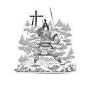 A samurai warrior lifting weights in a traditional Japanese garden tattoo design idea