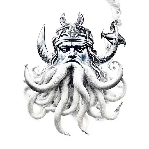 poseidon en el mar enojado atando barco pirata, full color tattoo design idea