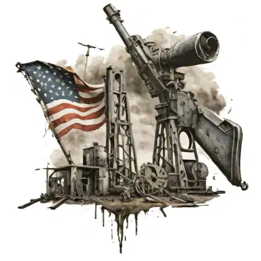 A realistic depiction of an oil field landscape with American flags and guns scattered throughout the scene tattoo design idea