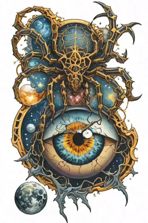 Spider, eye, god of power, star, moon and sky tattoo design idea