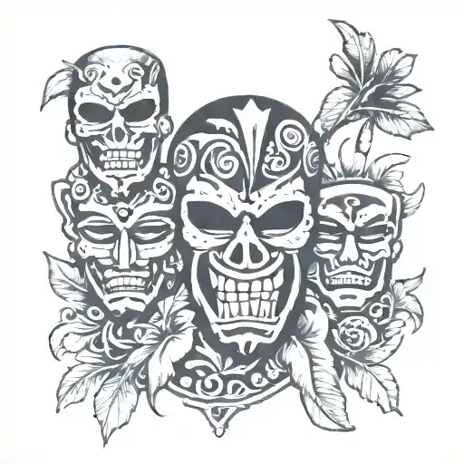 A Hawaiian themed tattoo with a horror twist featuring a haunted tiki mask tattoo design idea
