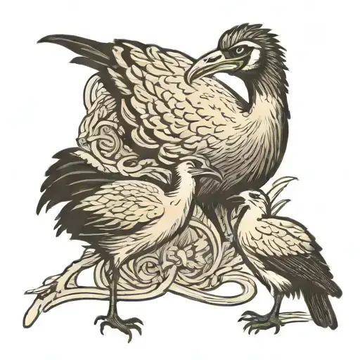 muscle emu chewing on a fish squashing seagull with bull knocked out in background  tattoo design idea