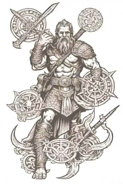 Viking Gods and Mythological Creatures at war back tattoo sides flanked by modern day US Marine Corps Soldiers fighting  tattoo design idea