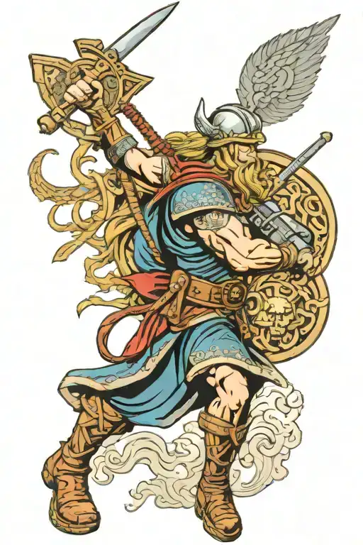 Viking Gods and Mythological Creatures at war back tattoo sides flanked by modern day US Marine Corps Soldiers fighting  tattoo design idea