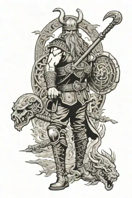 Viking Gods and Mythological Creatures at war back tattoo sides flanked by modern day US Marine Corps Soldiers fighting  tattoo design idea
