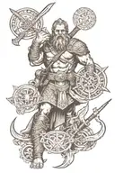Viking Gods and Mythological Creatures at war back tattoo sides flanked by modern day US Marine Corps Soldiers fighting  tattoo design idea