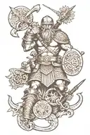 Viking Gods and Mythological Creatures at war back tattoo sides flanked by modern day US Marine Corps Soldiers fighting  tattoo design idea