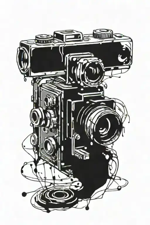 Old film camera covered in blood and abstraction tattoo design idea