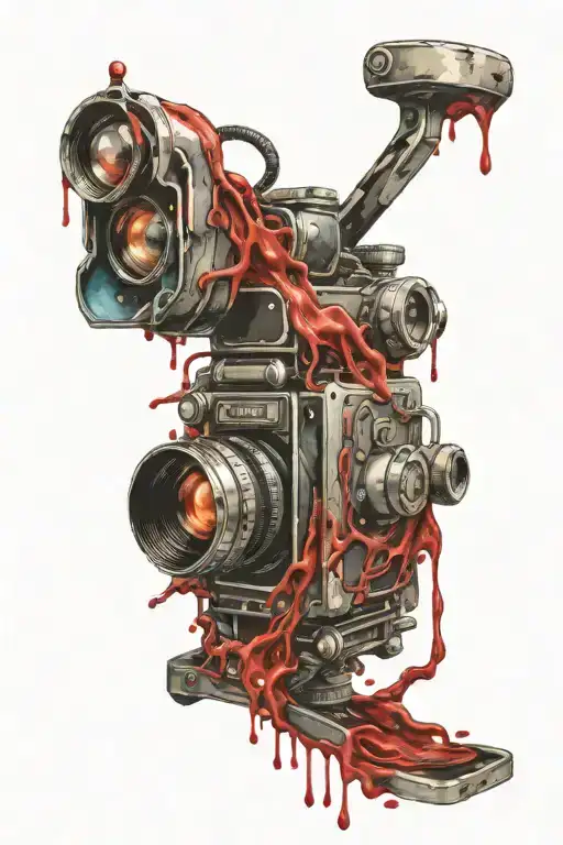 Old film camera covered in blood and abstraction tattoo design idea