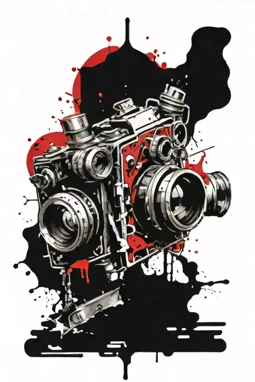 Old film camera covered in blood and abstraction tattoo design idea