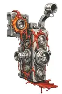 Old film camera covered in blood and abstraction tattoo design idea