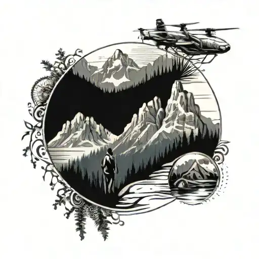 round tattoo, with dolomites in the background, a hiking path, a beach with a surfer and a paraglider as well as the mil tattoo design idea