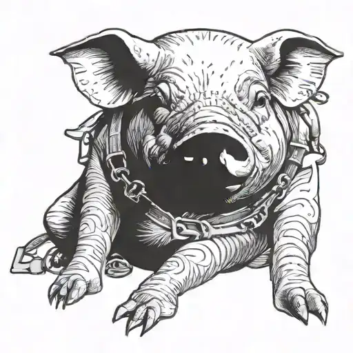 Tattoo of a sitting pig in a leather harness, with a gag in his mouth, shackles on his legs. tattoo design idea