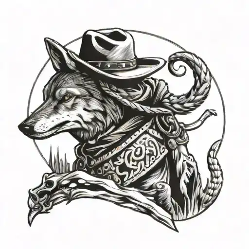cowboy smoking cigarette with coyote tattoo design idea