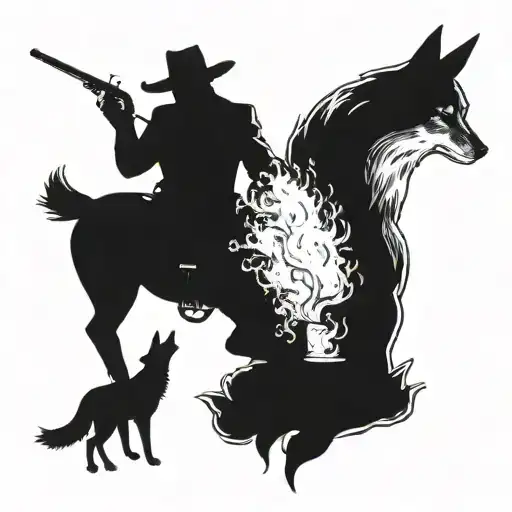 cowboy smoking cigarette with coyote looking at him tattoo design idea