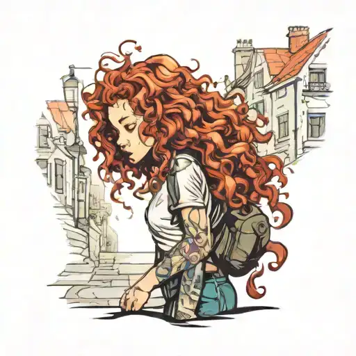 girl with curly red hair walking down a street tattoo design idea