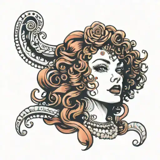 girl with curly red hair wearing only pearls tattoo design idea