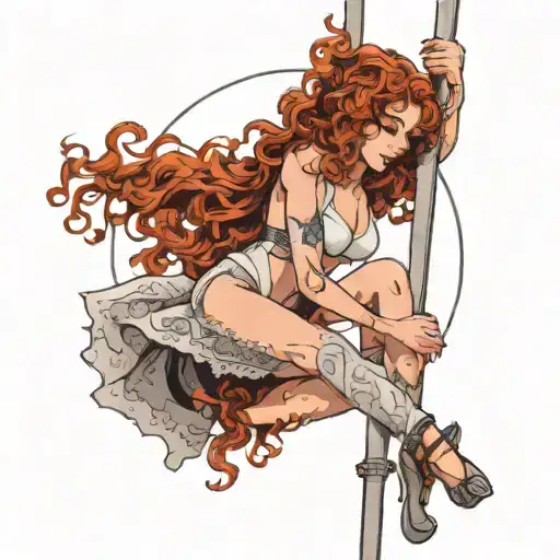 girl with curly red hair pole dancing in white lace tattoo design idea