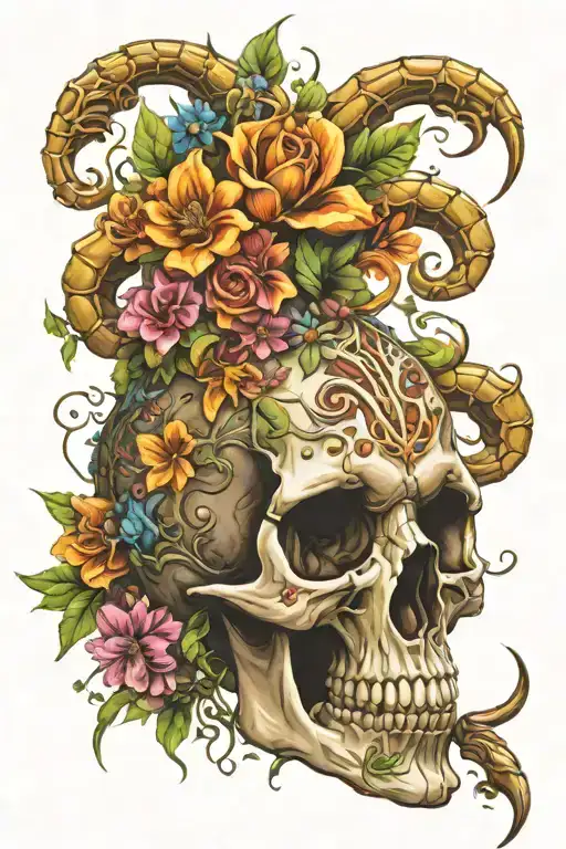 scorpion, aries, skull made of flowers tattoo design idea