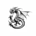 European style dragon breathing fire onto a d20 die tattoo design idea