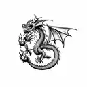 European style dragon breathing fire onto a d20 die tattoo design idea