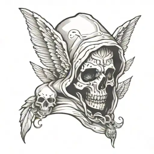 angel in a hood with a transition to 3 small skulls tattoo design idea