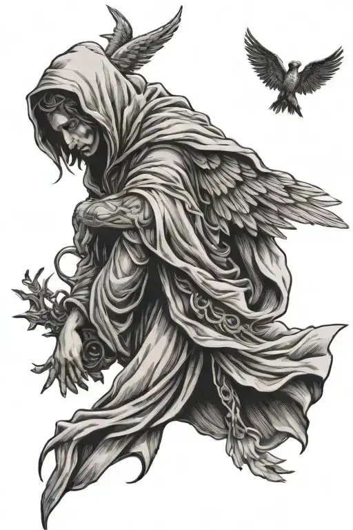 hooded angel with full arm transition tattoo design idea