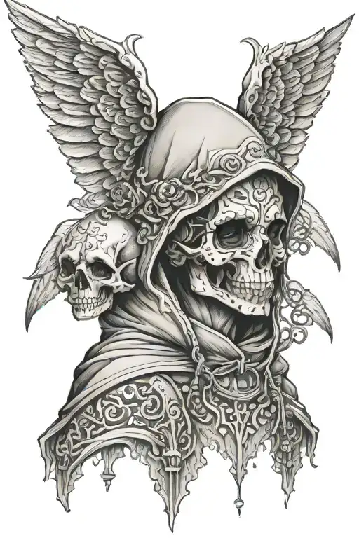 angel in a hood with a transition to 3 small skulls tattoo design idea