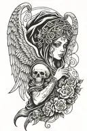 hooded angel with transition to small skulls with added lines tattoo design idea