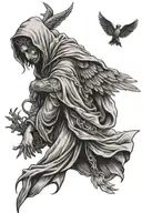 hooded angel with full arm transition tattoo design idea