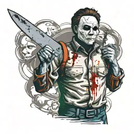 Michael Myers stands menacingly from the upper spine to the hip, holding a bloody knife. His mask is detailed with deep  tattoo design idea