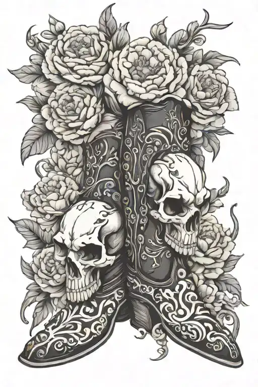 Longhorn cow skull cowboy boots peonies blooming tattoo design idea