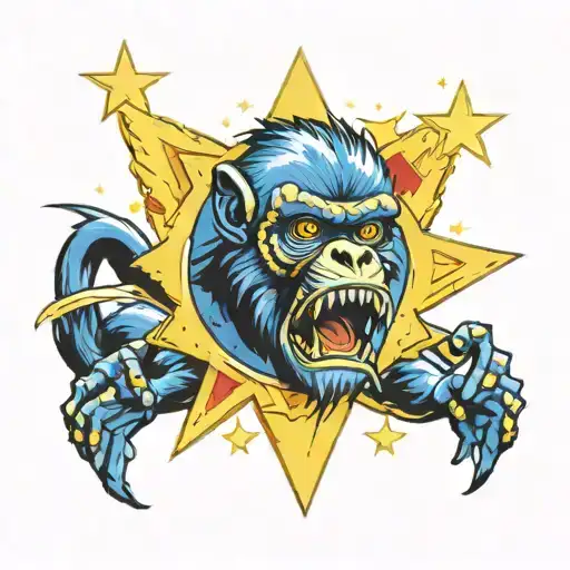 yellow electric Star with yellow Human directly above,red Skywalker directly below, white mirror right side blue monkey  tattoo design idea
