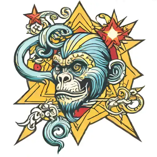 yellow electric Star with yellow Human directly above,red Skywalker directly below, white mirror right side blue monkey  tattoo design idea