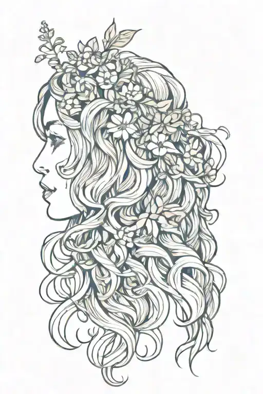 profile view of hippie woman with flowers in long wavy hair  tattoo design idea